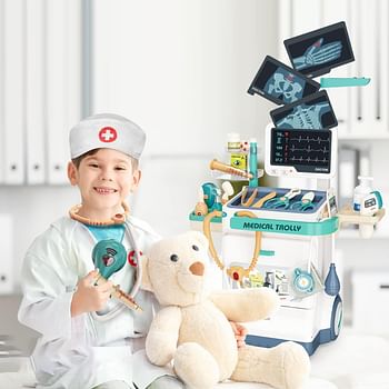 Pretend Play Doctor Toy Set for Kids 28 Pieces Pretend Medical Kit with Rolling Cart Doctor's Coat Kids Doctor Kit for for Boys and Girls Age 3 4 5