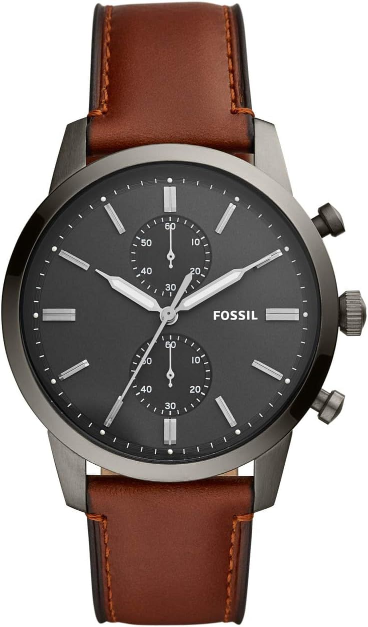 Fossil Watch for Men Townsman, Quartz Chronograph Movement, 44 mm Smoke Stainless Steel Case with a Leather Strap FS5522