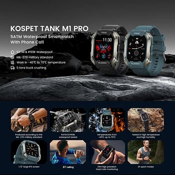 Pepisky TANK M1 PRO Outdoor Sports Rugged Smartwatch 1.72'' 280 * 320px Full-touch Screen Tough Body BT Call/Music 5ATM&IP69K Waterproof 24H 50 Days Standby 24 Sports Modes