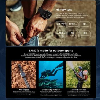 Pepisky TANK M1 PRO Outdoor Sports Rugged Smartwatch 1.72'' 280 * 320px Full-touch Screen Tough Body BT Call/Music 5ATM&IP69K Waterproof 24H 50 Days Standby 24 Sports Modes