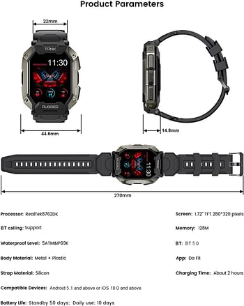 Pepisky TANK M1 PRO Outdoor Sports Rugged Smartwatch 1.72'' 280 * 320px Full-touch Screen Tough Body BT Call/Music 5ATM&IP69K Waterproof 24H 50 Days Standby 24 Sports Modes