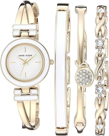 Anne Klein Women's Bangle Watch and Premium Crystal Accented Bracelet Set AK/3284WTST - Gold, White