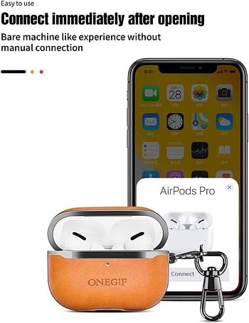 PULOKA AirPods Pro Leather Case with Keychain, ONE GIF Genuine Leather Protective Shockproof Cover for Apple AirPods Pro case [Front LED Visible] [Support Wireless Charging] (Beige)