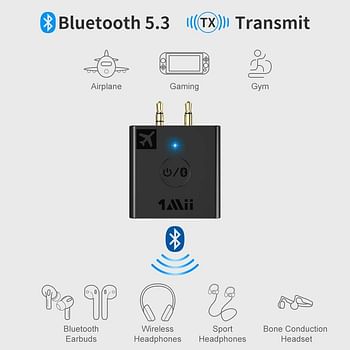 1Mii B05 Airplane Bluetooth Adapter for Headphones W/Portable Charging Case Support aptX Adaptive/HD/Low Latency, Bluetooth 5.3 Audio Adapter with 3.5mm Jack for Airfly/Gym/TVs/Gaming/PC/iPad