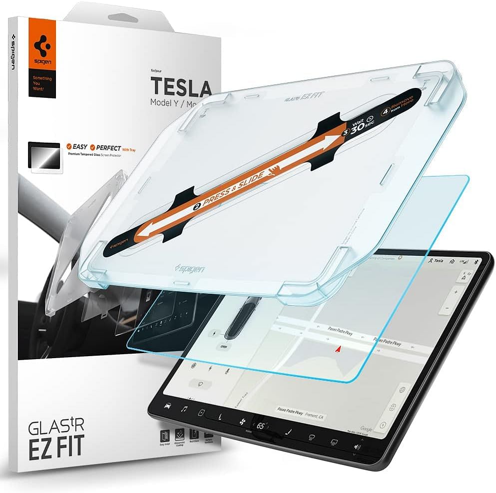 Spigen Tempered Glass Screen Protector [GLAStR EZ FIT] designed for Tesla Model 3 (up to 2023) and Model Y (up to 2024) Dashboard Touchscreen - Matte/Anti Glare/Anti Finger Print