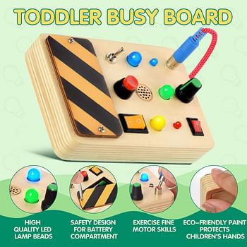 POLKRANE Busy Board with LED Light Sensory Toys for Toddlers 1-3 Montessori Toys with Toggle Switch Travel Toys for Educational Activities for 1 2 3 4 Year Old Boys & Girls