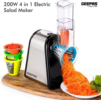 Geepas 200W 4 in-1 Electric Salad Maker Electric Multi Grater Fruit Cutter Vegetable Slicer Shredder Food Processor Cylinder Design with 4 Cone Blades Set – Black & Silver