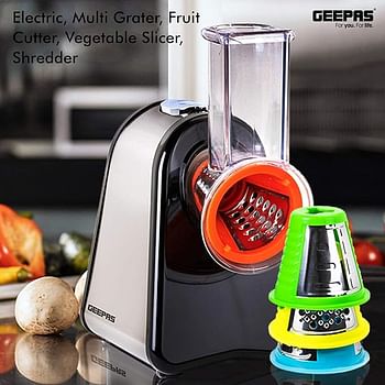 Geepas 200W 4 in-1 Electric Salad Maker Electric Multi Grater Fruit Cutter Vegetable Slicer Shredder Food Processor Cylinder Design with 4 Cone Blades Set – Black & Silver