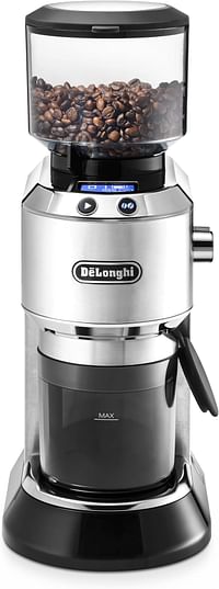 De'Longhi Dedica Pump Style Coffee Grinder With Large Bean Hopper Burr Grinding System 14 Cups Capacity KG521.M - Metallic