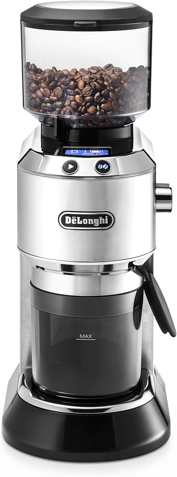 De'Longhi Dedica Pump Style Coffee Grinder With Large Bean Hopper Burr Grinding System 14 Cups Capacity KG521.M - Metallic