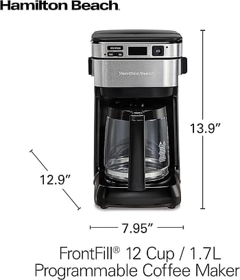 Hamilton Beach FrontFill 12 Cup Programmable Coffee Maker 1.7L Glass carafe 950W Wake up ready 3 brewing options Reusable mesh filter Clean reminder Auto shut off 46310-ME - Silver/Black