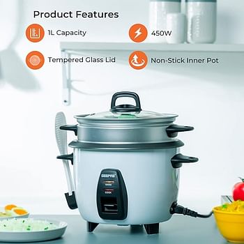 Geepas Electric rice cooker 1.0L Capacity 3 in 1 Cook Steam and Keep Warm Non-Stick 450W Single Switch GRC4325N - White