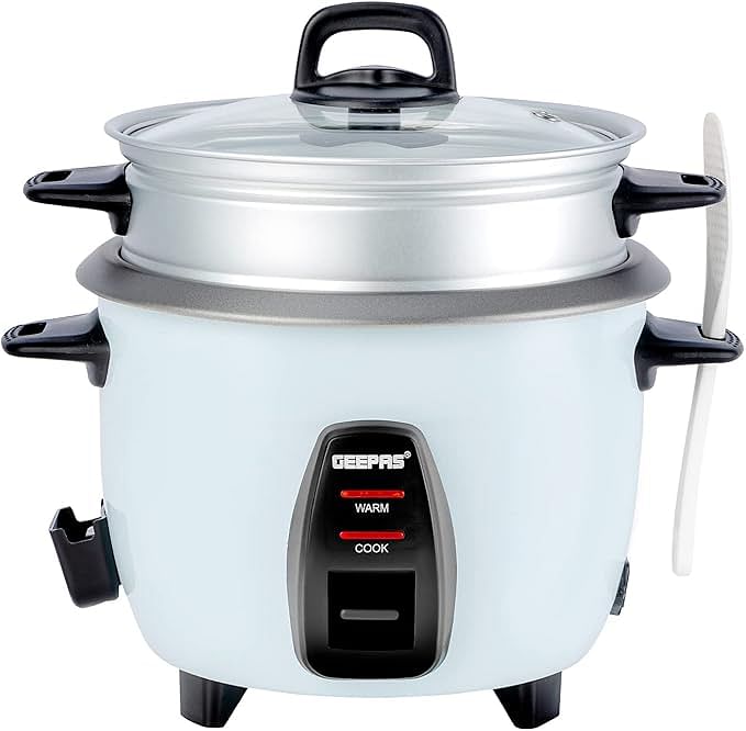 Geepas Electric rice cooker 1.0L Capacity 3 in 1 Cook Steam and Keep Warm Non-Stick 450W Single Switch GRC4325N - White