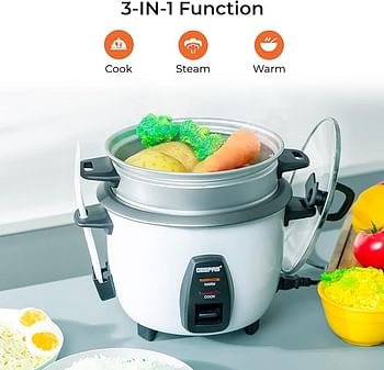 Geepas Electric rice cooker 1.0L Capacity 3 in 1 Cook Steam and Keep Warm Non-Stick 450W Single Switch GRC4325N - White