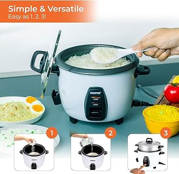 Geepas Electric rice cooker 1.0L Capacity 3 in 1 Cook Steam and Keep Warm Non-Stick 450W Single Switch GRC4325N - White