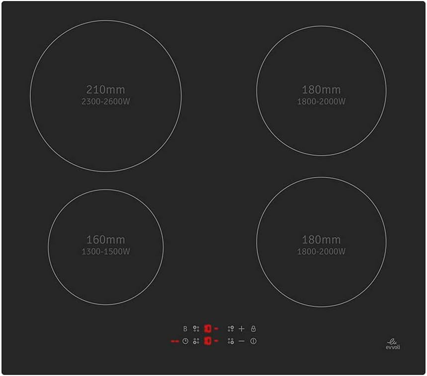 evvoli Built-In Induction Hob, 4 Burners, Soft Touch Control With 9 Stage Power Setting And Safety Switch, EVBI-IH604B, Black