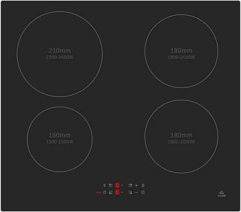 evvoli Built-In Induction Hob, 4 Burners, Soft Touch Control With 9 Stage Power Setting And Safety Switch, EVBI-IH604B, Black