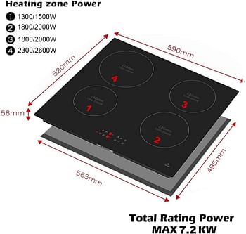 evvoli Built-In Induction Hob, 4 Burners, Soft Touch Control With 9 Stage Power Setting And Safety Switch, EVBI-IH604B, Black