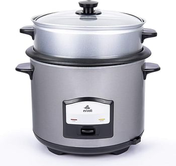 evvoli 2 In 1 Rice Cooker with Steamer 6.5 Litter Up To 12 Cup Of Rise non-stick 750W Silver EVKA-RC6501S