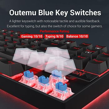 Redragon k552 mechanical gaming keyboard 60% compact 87 key kumara wired cherry mx blue switches equivalent for windows pc gamers (red backlit black)