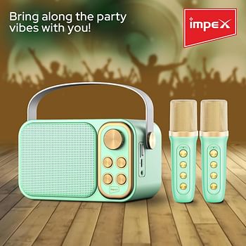 Impex Portable Bluetooth Karaoke Speaker With 2 Wireless Mic With Voice Modulation Green & Gold