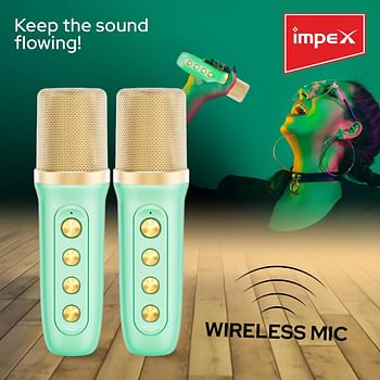 Impex Portable Bluetooth Karaoke Speaker With 2 Wireless Mic With Voice Modulation Green & Gold