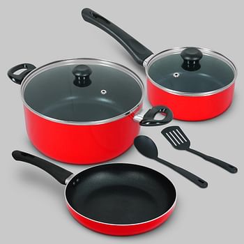 DELICI Non Stick Cookware Set 7 Pcs (NCS7R) | 10X Tougher Non-Stick Coating | Quick & Even Heat Distribution | Gas, Ceramic, Hot Plate, Halogen Compatible | Casserole, Sauce Pan, Fry Pan + Nylon Spatula