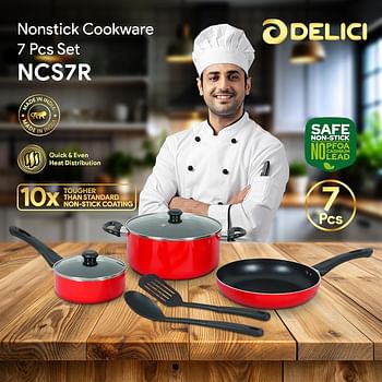 DELICI Non Stick Cookware Set 7 Pcs (NCS7R) | 10X Tougher Non-Stick Coating | Quick & Even Heat Distribution | Gas, Ceramic, Hot Plate, Halogen Compatible | Casserole, Sauce Pan, Fry Pan + Nylon Spatula