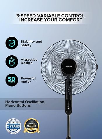 Geepas 16" Stand Fan Wide Oscillation 6PP Blades GF9615 Adjustable Height 3 Speed Setting Metal Safety Grill - Black