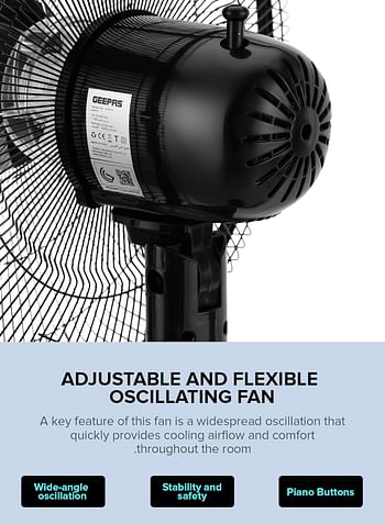 Geepas 16" Stand Fan Wide Oscillation 6PP Blades GF9615 Adjustable Height 3 Speed Setting Metal Safety Grill - Black