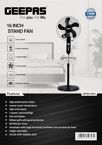 Geepas 16" Stand Fan Wide Oscillation 6PP Blades GF9615 Adjustable Height 3 Speed Setting Metal Safety Grill - Black