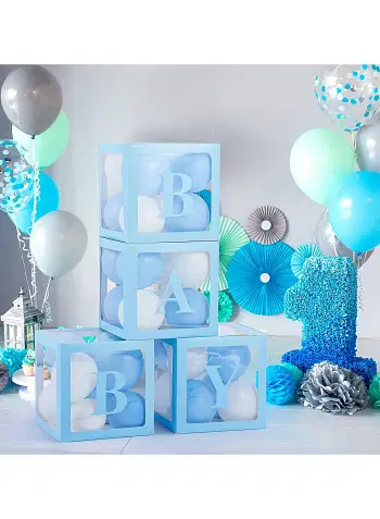 Baby Boxes with Letters for Baby Shower, Baby Shower Decorations with 4 Transparent Balloon Boxes for Gender Reveal Baby Shower Decorations- Silver