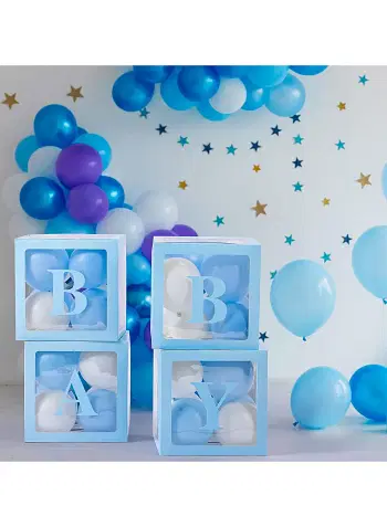 Baby Boxes with Letters for Baby Shower, Baby Shower Decorations with 4 Transparent Balloon Boxes for Gender Reveal Baby Shower Decorations- Silver