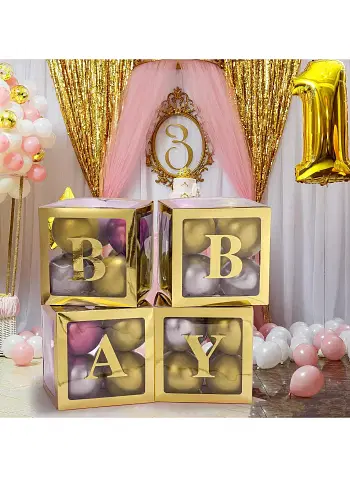 Baby Boxes with Letters for Baby Shower, Baby Shower Decorations with 4 Transparent Balloon Boxes for Gender Reveal Baby Shower Decorations- Silver