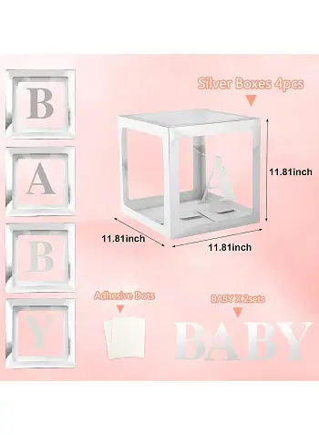 Baby Boxes with Letters for Baby Shower, Baby Shower Decorations with 4 Transparent Balloon Boxes for Gender Reveal Baby Shower Decorations- Silver