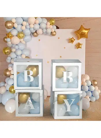 Baby Boxes with Letters for Baby Shower, Baby Shower Decorations with 4 Transparent Balloon Boxes for Gender Reveal Baby Shower Decorations- Silver