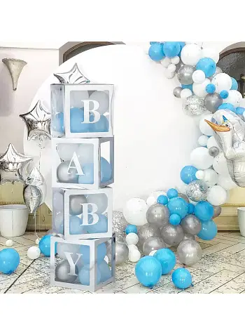 Baby Boxes with Letters for Baby Shower, Baby Shower Decorations with 4 Transparent Balloon Boxes for Gender Reveal Baby Shower Decorations- Silver