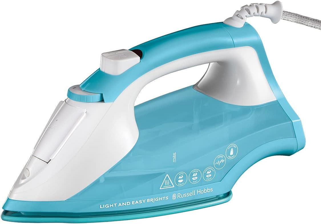 Russell Hobbs Light and Easy Brights Steam Iron Colourful Design with 2x More Durable Soleplate 115g Steam Shot and 35g Continuous Steam 26482 - Aqua