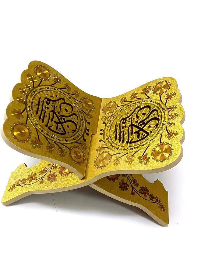 Muslim Al Quran Rehal Stand, Foldable Wooden Holder for Holy Books, Prayers Shelf for Eid, Ramadan, Religious Gift - Yellow