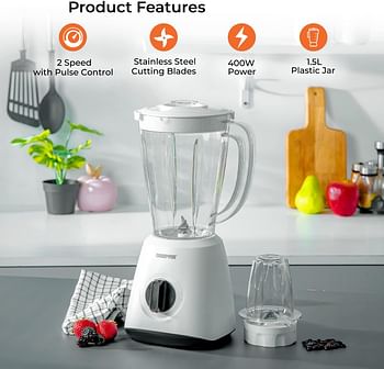 Geepas GSB44027 500W 2 in 1 Multifunctional Blender | Stainless Steel Blades, 2 Speed Control with Pulse | 1.5L Jar, Interlock Protection| Ice Crusher, Chopper, Coffee Grinder & Smoothie Maker