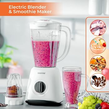 Geepas GSB44027 500W 2 in 1 Multifunctional Blender | Stainless Steel Blades, 2 Speed Control with Pulse | 1.5L Jar, Interlock Protection| Ice Crusher, Chopper, Coffee Grinder & Smoothie Maker