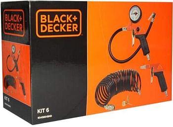 Black & DeckerAir Tools Kit 6 Pcs (Air Gun, Inflating Gun, 3 Nozzles, 5M Spiral Hose) Bd-Kit-6 Black + Decker