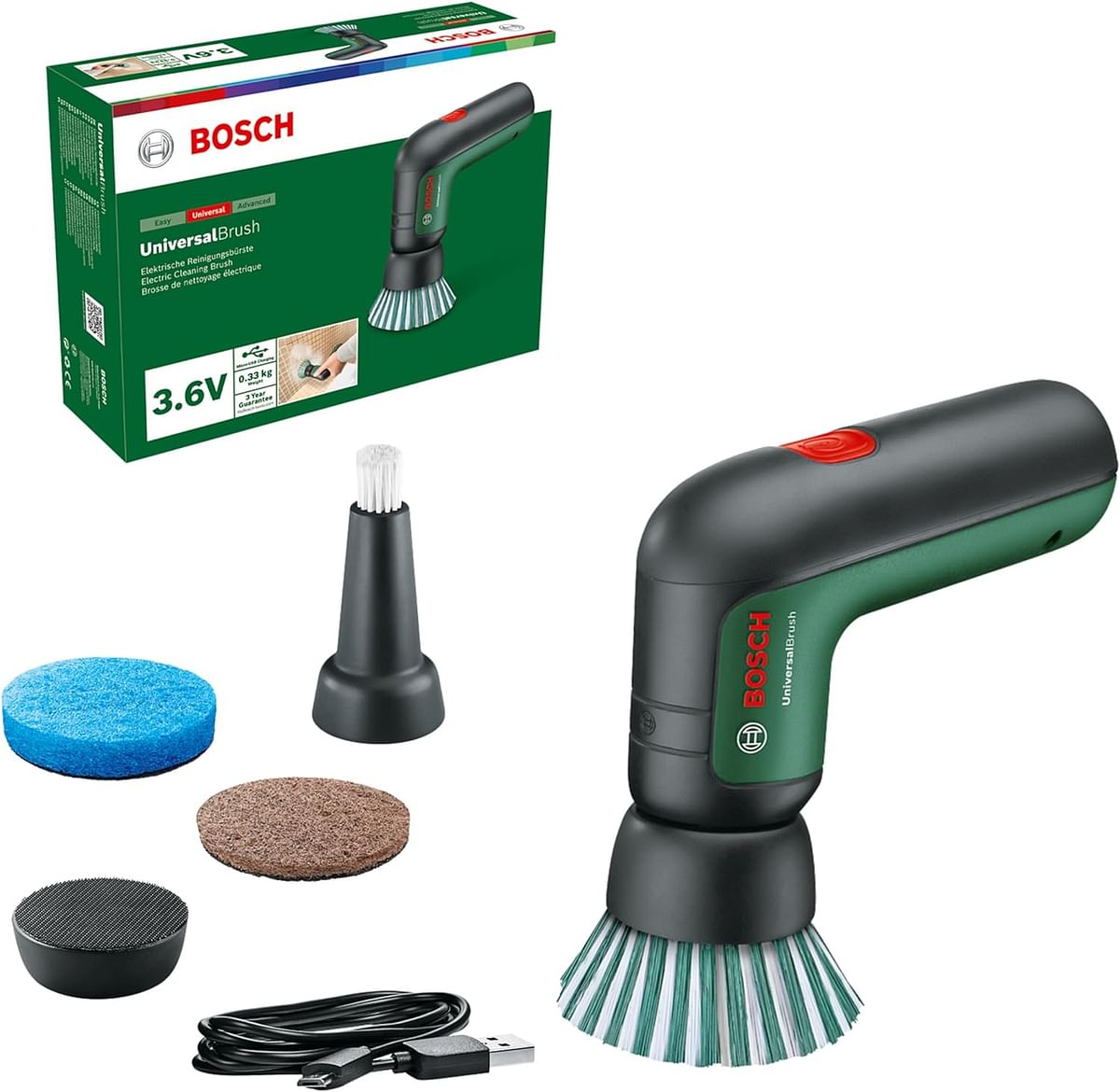 Bosch Home And Garden Electric Cleaning Brush Universalbrush 3.6 V Integrated Battery, 1 Micro Usb Cable And 4 Cleaning Attachments Included, In Carton Packaging 06033E0000 - Green