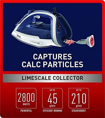 Tefal Ultraglide Anti-Calc Plus Steam Iron, 270 ml, 2800 Watts, Blue / Silver, Plastic / Durilium Airglide, FV5820G0/One size