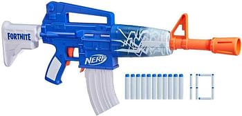 Nerf Fortnite Blue Shock Blaster, 10-Dart Clip, 10 Elite Nerf Darts, Includes Bonus Code To Unlock The Beat Wrap in the Game, Motorized Dart Blaster