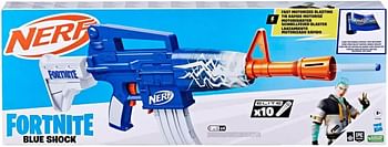 Nerf Fortnite Blue Shock Blaster, 10-Dart Clip, 10 Elite Nerf Darts, Includes Bonus Code To Unlock The Beat Wrap in the Game, Motorized Dart Blaster