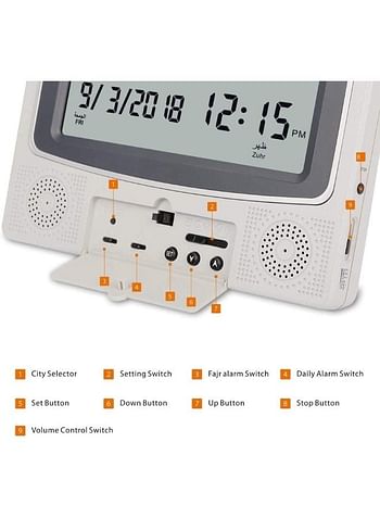 Digital Azan Table Alarm Clock Silver/Black 22.5x21.5cm