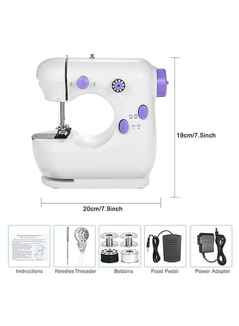 Mini Sewing Machine Multifunction Electric Micro-Sewing Machin eAdjustable 2-Speed Double Thread with Lights and Cutter Foot Pedal for Household Travel Beginner DIY Face Mask White 20.0x19.0x10.0cm