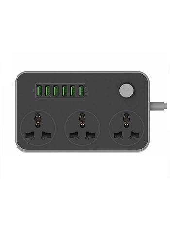 6 USB Ports Power Strip With 3 AC Sockets Black