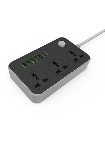 6 USB Ports Power Strip With 3 AC Sockets Black